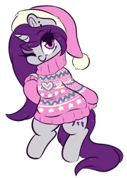 Size: 3397x4769 | Tagged: safe, artist:wickedsilly, derpibooru import, oc, oc:wicked silly, unofficial characters only, pony, unicorn, christmas, clothes, hat, holiday, santa hat, simple background, smiling, solo, sweater, transparent background