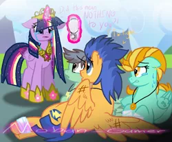 Size: 883x732 | Tagged: safe, artist:mobian-gamer, derpibooru import, flash sentry, lightning dust, twilight sparkle, twilight sparkle (alicorn), oc, alicorn, bandage, crying, female, flashdust, flashlight, infidelity, jewelry, male, necklace, offspring, parent:flash sentry, parent:lightning dust, parents:flashdust, pregnant, shipping, straight
