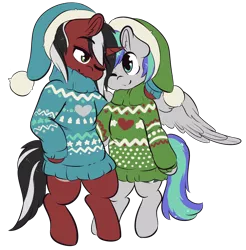 Size: 3974x4043 | Tagged: safe, artist:wickedsilly, derpibooru import, oc, oc:phantom, oc:storm feather, unofficial characters only, pegasus, pony, christmas, clothes, commission, cute, gay, hat, holiday, male, santa hat, side hug, simple background, smiling, stallion, sweater, transparent background