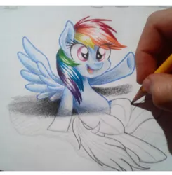 Size: 480x490 | Tagged: safe, artist:janadashie, derpibooru import, rainbow dash, pegasus, pony, cute, dashabetes, drawing, drawn into existence, female, hand, hoofbump, illusion, mare, open mouth, pencil, raised hoof, smiling, spread wings, traditional art, wings