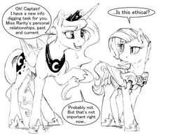 Size: 1320x1020 | Tagged: safe, artist:silfoe, derpibooru import, princess luna, oc, oc:captain vulpa, alicorn, bat pony, pony, royal sketchbook, bat pony oc, black and white, dialogue, duo, female, grayscale, mare, monochrome, night guard, raised hoof, simple background, speech bubble, white background