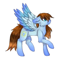 Size: 625x600 | Tagged: safe, artist:czywko, derpibooru import, oc, oc:minepoke, unofficial characters only, pegasus, pony, art trade, blue, blue eyes, brown mane, cheek fluff, colored wings, digital art, ear fluff, female, fluffy, gradient hooves, gradient wings, mare, pixel art, raised hoof, simple background, solo, speedpaint available, spread wings, transparent background, wings