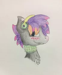 Size: 1060x1280 | Tagged: safe, artist:andandampersand, derpibooru import, oc, oc:claudia, unofficial characters only, bat pony, blushing, bust, chest fluff, collar, fangs, headphones, portrait, spiked collar, traditional art