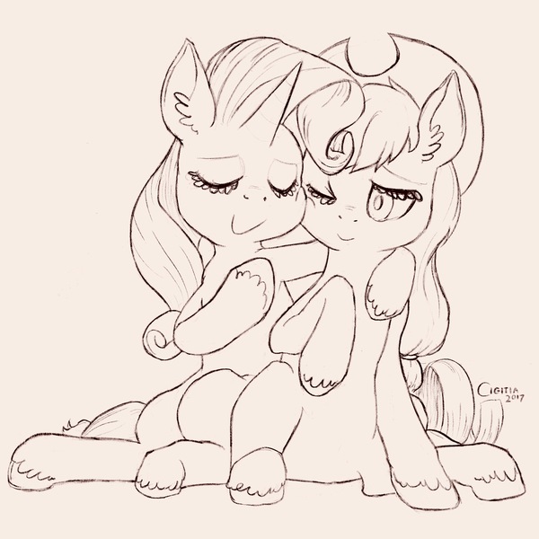 Size: 4000x4000 | Tagged: safe, artist:cigitia, derpibooru import, applejack, rarity, cuddling, eyes closed, female, lesbian, monochrome, one eye closed, rarijack, shipping