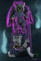 Size: 1200x1770 | Tagged: grimdark, artist:tezcatl-ayauhtli, derpibooru import, oc, oc:tezcatl, gryphon, semi-anthro, asriel dreemurr, crossover, god of hyperdeath, marionette, saint seiya, surplice armor, torture, undertale, wings