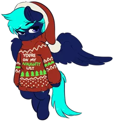 Size: 4090x4406 | Tagged: safe, artist:wickedsilly, derpibooru import, oc, oc:storm twirl, unofficial characters only, pegasus, pony, absurd resolution, christmas, clothes, commission, hat, holiday, santa hat, simple background, smiling, sweater, transparent background