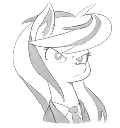 Size: 545x582 | Tagged: dead source, safe, artist:reiduran, derpibooru import, oc, oc:ostria chime, unofficial characters only, pony, bust, clothes, ear fluff, female, grayscale, mare, monochrome, necktie, portrait, serious, serious face, suit