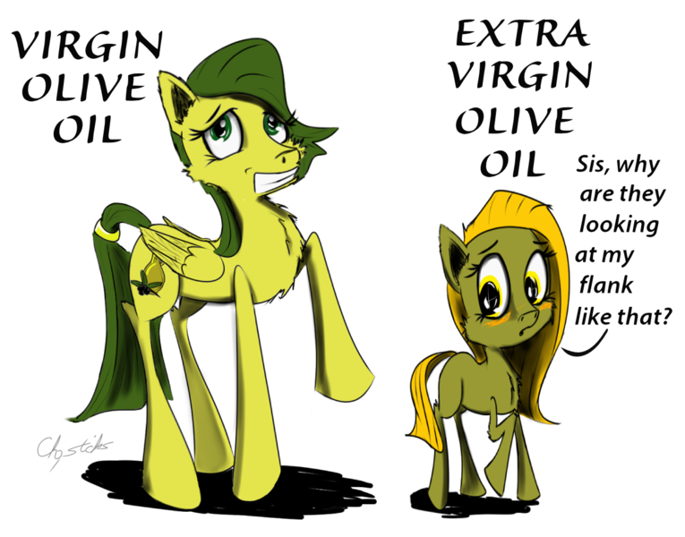 Size: 1250x980 | Tagged: safe, artist:chopsticks, derpibooru import, oc, oc:extra virgin olive oil, oc:virgin olive oil, unofficial characters only, earth pony, pegasus, pony, blank flank, blushing, cheek fluff, chest fluff, cute, cutie mark, dialogue, female, filly, mare, olive oil, this will end in pregnancy, virgin