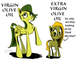 Size: 1250x980 | Tagged: safe, artist:chopsticks, derpibooru import, oc, oc:extra virgin olive oil, oc:virgin olive oil, unofficial characters only, earth pony, pegasus, pony, blank flank, blushing, cheek fluff, chest fluff, cute, cutie mark, dialogue, female, filly, mare, olive oil, this will end in pregnancy, virgin