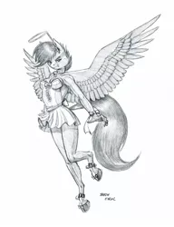 Size: 1100x1431 | Tagged: angel, anthro, artist:baron engel, breasts, busty scootaloo, clothes, costume, derpibooru import, female, flying, grayscale, halo, mare, monochrome, older, older scootaloo, pegasus, scootaloo, simple background, sketch, smiling, solo, solo female, suggestive, traditional art, unguligrade anthro, white background