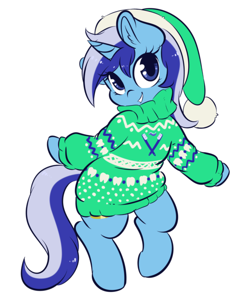 Size: 3567x4358 | Tagged: safe, artist:wickedsilly, derpibooru import, minuette, pony, unicorn, christmas, clothes, commission, cute, ear fluff, female, hat, holiday, looking at you, mare, minubetes, santa hat, simple background, smiling, solo, sweater, transparent background