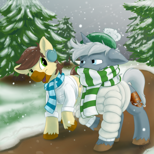 Size: 1280x1280 | Tagged: safe, artist:scruffy-scribbles, derpibooru import, oc, oc:ardent shield, oc:calpain, unofficial characters only, earth pony, pony, unicorn, clothes, coat, earmuffs, hat, lab coat, scarf, snow, tree, winter