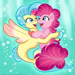 Size: 1024x1024 | Tagged: safe, artist:yoshimarsart, derpibooru import, pinkie pie, princess skystar, seapony (g4), my little pony: the movie, cute, diapinkes, female, hug, lesbian, one eye closed, seaponified, seapony pinkie pie, shipping, skyabetes, skypie, species swap, watermark