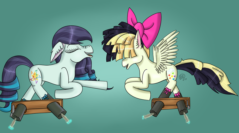 Size: 1084x605 | Tagged: safe, alternate version, artist:derpyhooves567, derpibooru import, coloratura, songbird serenade, earth pony, pegasus, pony, my little pony: the movie, clothes, ear fluff, eyes closed, feather, female, fetish, hoof fetish, hoof tickling, laughing, mare, open mouth, rara, socks, stockings, stocks, thigh highs, tickling