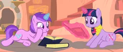 Size: 2064x872 | Tagged: safe, artist:razorbladetheunicron, derpibooru import, amethyst star, twilight sparkle, unicorn, lateverse, alternate universe, base used, book, friends, golden oaks library, library, magic, purple, reading, research, unicorn twilight