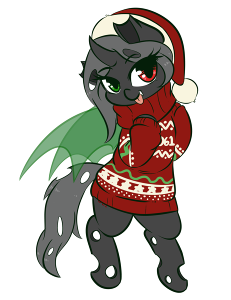 Size: 3268x4247 | Tagged: safe, artist:wickedsilly, derpibooru import, oc, oc:lix, unofficial characters only, changeling, changeling oc, christmas, christmas changeling, clothes, commission, curved horn, cute, double colored changeling, fangs, female, hat, heterochromia, holiday, red changeling, santa hat, simple background, smiling, solo, sweater, tongue out, transparent background