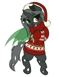 Size: 3268x4247 | Tagged: safe, artist:wickedsilly, derpibooru import, oc, oc:lix, unofficial characters only, changeling, changeling oc, christmas, christmas changeling, clothes, commission, curved horn, cute, double colored changeling, fangs, female, hat, heterochromia, holiday, red changeling, santa hat, simple background, smiling, solo, sweater, tongue out, transparent background