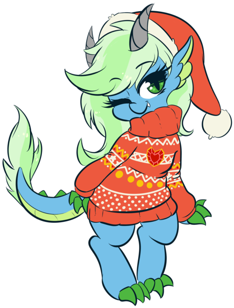 Size: 3679x4838 | Tagged: artist:wickedsilly, christmas, clothes, derpibooru import, dracony, hat, holiday, hybrid, oc, oc:campfire, safe, santa hat, simple background, smiling, solo, sweater, transparent background, unofficial characters only