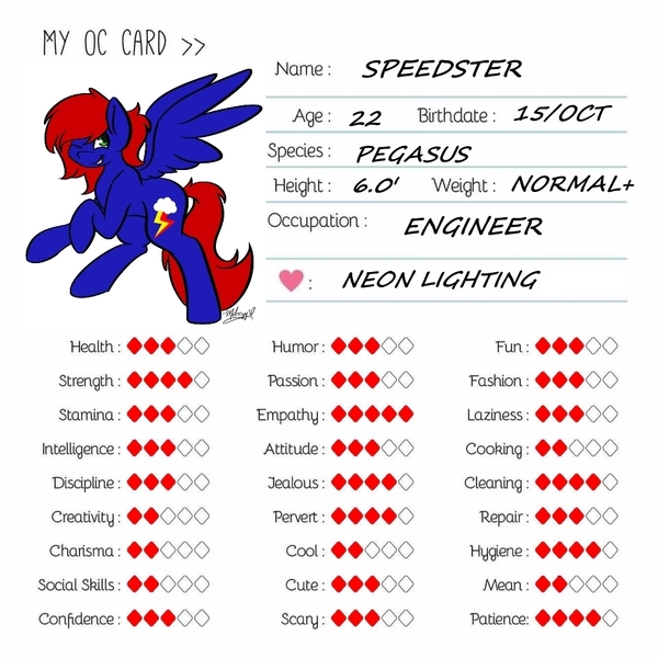 Size: 960x960 | Tagged: safe, artist:melonzy, derpibooru import, oc, oc:speedster, unofficial characters only, pegasus, pony, male, name change, oc card, wings