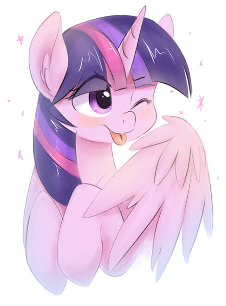 Size: 591x800 | Tagged: safe, artist:aymint, derpibooru import, twilight sparkle, twilight sparkle (alicorn), alicorn, :p, blushing, cute, female, mare, one eye closed, raspberry, silly, simple background, smiling, solo, sparkles, spread wings, tongue out, twiabetes, white background, wings, wink