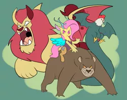 Size: 1293x1017 | Tagged: safe, artist:metal-kitty, derpibooru import, fluttershy, bear, cockatrice, draconequus, manticore, alternate universe, animal, draconequified, female, flutterbadass, flutterequus, green background, quartet, riding, serious, serious face, simple background, species swap, story included