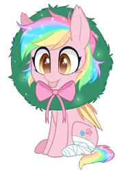 Size: 1620x2204 | Tagged: safe, artist:higgly-chan, derpibooru import, oc, oc:paper stars, unofficial characters only, bat pony, pony, :p, amputee, bandage, bat pony oc, christmas wreath, cute, cute little fangs, ear fluff, fangs, silly, silly pony, simple background, sitting, smiling, solo, tongue out, transparent background, wreath, ych result