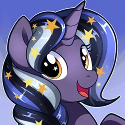 Size: 2000x2000 | Tagged: safe, artist:xwhitedreamsx, derpibooru import, oc, unofficial characters only, pony, unicorn, blue mane, bust, commission, ethereal mane, smiling, solo, starry eyes, starry mane, stars, white mane, wingding eyes, yellow eyes