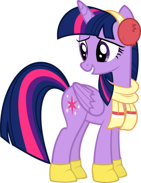 Size: 3461x4500 | Tagged: safe, artist:slb94, derpibooru import, twilight sparkle, twilight sparkle (alicorn), alicorn, pony, tanks for the memories, boots, clothes, cute, earmuffs, female, looking back, mare, scarf, shoes, smiling, solo, standing, twiabetes, vector