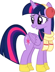 Size: 3461x4500 | Tagged: safe, artist:slb94, derpibooru import, twilight sparkle, twilight sparkle (alicorn), alicorn, pony, tanks for the memories, boots, clothes, cute, earmuffs, female, looking back, mare, scarf, shoes, smiling, solo, standing, twiabetes, vector