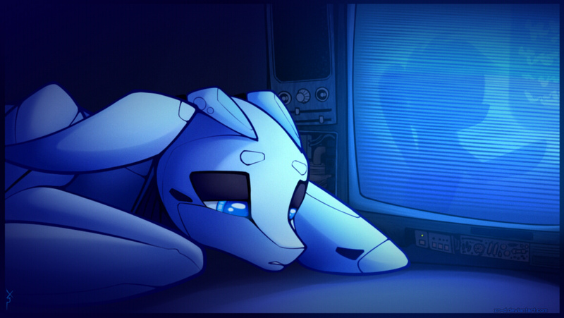 Size: 1152x650 | Tagged: safe, artist:xn-d, derpibooru import, oc, oc:xn, unofficial characters only, original species, pony, ponymorph, robot, robot pony, long ears, sad, solo, television