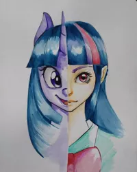 Size: 512x640 | Tagged: safe, artist:bunsogen, derpibooru import, twilight sparkle, equestria girls, clothes, human coloration, open mouth, self ponidox, solo, split screen, traditional art