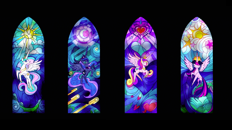 Size: 1600x900 | Tagged: alicorn tetrarchy, deleted scene, derpibooru import, my little pony: the movie, princess cadance, princess celestia, princess luna, safe, screencap, stained glass, twilight sparkle, twilight sparkle (alicorn)