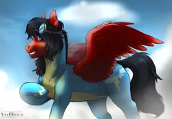 Size: 1130x782 | Tagged: safe, artist:marinavermilion, derpibooru import, oc, oc:crimson swift, unofficial characters only, pegasus, pony, clothes, red and black oc, solo, uniform, wonderbolts uniform