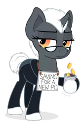 Size: 346x520 | Tagged: safe, artist:zutheskunk, derpibooru import, oc, oc:pixel perfect, unofficial characters only, pony, unicorn, 2018 community collab, derpibooru community collaboration, .svg available, clothes, coin, female, frown, glasses, mare, sign, simple background, solo, standing, svg, tin can, transparent background, vector