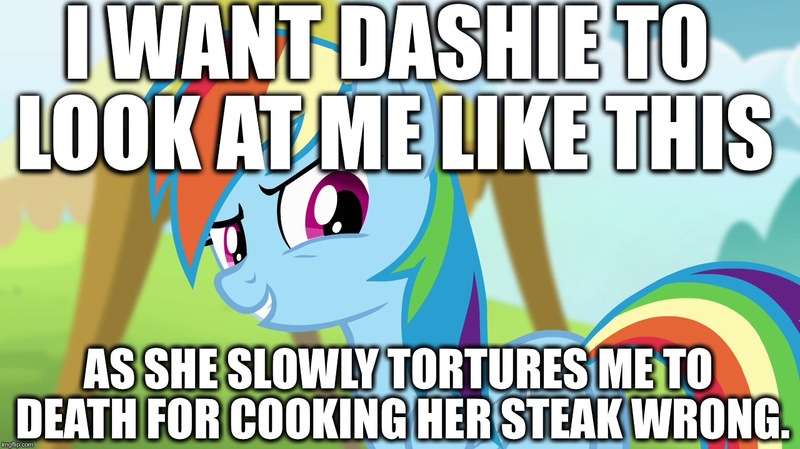 Size: 1280x718 | Tagged: abuse, derpibooru import, edit, edited screencap, fetish, food, image macro, implied ponies eating meat, meat, meme, rainbow dash, screencap, semi-grimdark, steak, wat