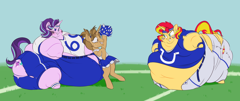 Size: 3507x1485 | Tagged: artist:mellowhen, belly, bingo wings, blob, cheerleader, cheerleader outfit, crossdressing, derpibooru import, fat, football field, football jersey, huge butt, impossibly large belly, impossibly large butt, large butt, morbidly obese, near immobile, obese, oc, oc:blurblob, pom pom, questionable, slobset shimmer, sports, sports outfit, starlard glimmer, starlight glimmer, sunset shimmer, wardrobe malfunction