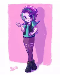 Size: 821x1024 | Tagged: safe, artist:yukinkoacf, derpibooru import, starlight glimmer, human, equestria girls, beanie, boasting, hat, smiling, solo, standing