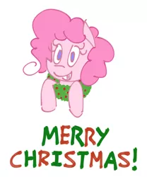 Size: 2632x3156 | Tagged: safe, alternate version, artist:chumguzzle, derpibooru import, pinkie pie, earth pony, pony, christmas, christmas wreath, female, holiday, looking at you, mare, no catchlights, simple background, smiling, solo, white background, wreath