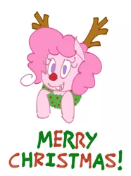 Size: 2632x3544 | Tagged: safe, alternate version, artist:chumguzzle, derpibooru import, pinkie pie, earth pony, pony, antlers, christmas, christmas wreath, female, holiday, looking at you, mare, no catchlights, red nose, reindeer antlers, simple background, smiling, solo, white background, wreath