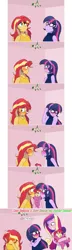 Size: 1445x5019 | Tagged: safe, artist:jase1505, deleted from derpibooru, derpibooru import, princess cadance, sci-twi, sunset shimmer, twilight sparkle, oc, oc:girasole, series:sunlight horizons, equestria girls, angry, baby, blushing, christmas, clothes, cockblock, comic, dean cadance, embarrassed, female, holiday, interrupted, kissing, laughing, lesbian, mistletoe, offspring, parent:big macintosh, parent:princess cadance, parents:cadmac, scitwishimmer, shipping, sunsetsparkle, tongue out