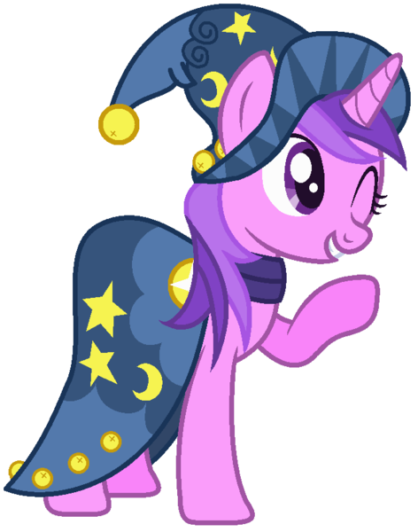 Size: 684x870 | Tagged: safe, artist:razorbladetheunicron, derpibooru import, amethyst star, pony, unicorn, lateverse, base used, bells, clothes, costume, female, mare, one eye closed, purple, raised hoof, simple background, smiling, solo, star swirl the bearded costume, waving, white background, wink