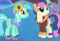 Size: 120x81 | Tagged: safe, derpibooru import, bon bon, limestone pie, lyra heartstrings, sweetie drops, pony, adorabon, animated, clothes, cute, female, gameloft, gif, gif for breezies, hug, lyrabetes, picture for breezies, shipping fuel, snow