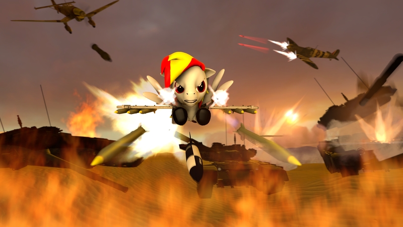 Size: 4000x2250 | Tagged: 3d, angry, bomb, cannon, derpibooru import, desert, explosion, fanon, fight, fire, flight, gun, ju-87, oc, oc:fiery lightning, rocket, safe, shooting, sunset, supermarine spitfire, t-90, tracers, unofficial characters only, war, weapon