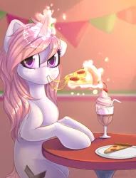 Size: 1024x1340 | Tagged: dead source, safe, artist:freckleplant, derpibooru import, oc, oc:queen of silvers, unofficial characters only, pony, unicorn, art trade, cherry, eating, eye clipping through hair, female, food, glowing horn, ice cream, levitation, looking at you, magic, mare, meat, mushroom, pepperoni, pepperoni pizza, pizza, root beer float, sitting, solo, straw, telekinesis