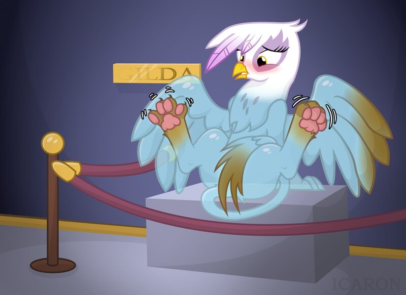 Size: 1280x933 | Tagged: suggestive, artist:icaron, derpibooru import, gilda, gryphon, glass, inanimate tf, magical pedestal, paws, petrification, show accurate, show accurate porn, solo, statue, transformation, underpaw, unwilling, vitrification, vulnerable, wiggle, worried