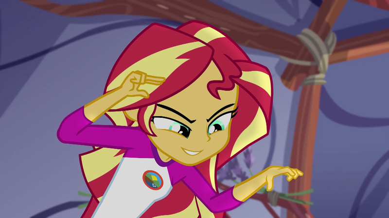 Size: 1280x720 | Tagged: safe, derpibooru import, screencap, sunset shimmer, equestria girls, legend of everfree, camp everfree outfits, clothes, female, looking down, solo, tent, trying