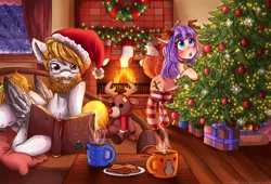 Size: 1980x1350 | Tagged: safe, artist:kitsu-chan11, derpibooru import, oc, unofficial characters only, deer, pony, reindeer, bauble, beard, book, chocolate, christmas, christmas tree, clothes, cookie, couch, facial hair, female, fireplace, food, gift art, glasses, holiday, hot chocolate, male, mare, mug, plushie, reading, snow, socks, stallion, stockings, striped socks, thigh highs, tree, window, wreath