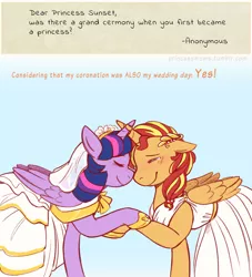 Size: 2400x2646 | Tagged: safe, artist:overlordneon, derpibooru import, sunset shimmer, twilight sparkle, twilight sparkle (alicorn), alicorn, pony, alicornified, clothes, crying, dress, eyes closed, female, floppy ears, heartwarming, lesbian, mare, marriage, race swap, shimmercorn, shipping, smiling, sunsetsparkle, tears of joy, wedding, wedding dress