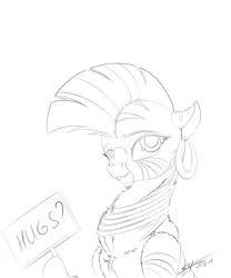 Size: 2500x3000 | Tagged: safe, artist:skitsniga, derpibooru import, zecora, zebra, bronybait, cute, ear piercing, earring, female, fluffy, free hugs, jewelry, lineart, looking at you, monochrome, piercing, sign, simple background, solo, white background, zecorable