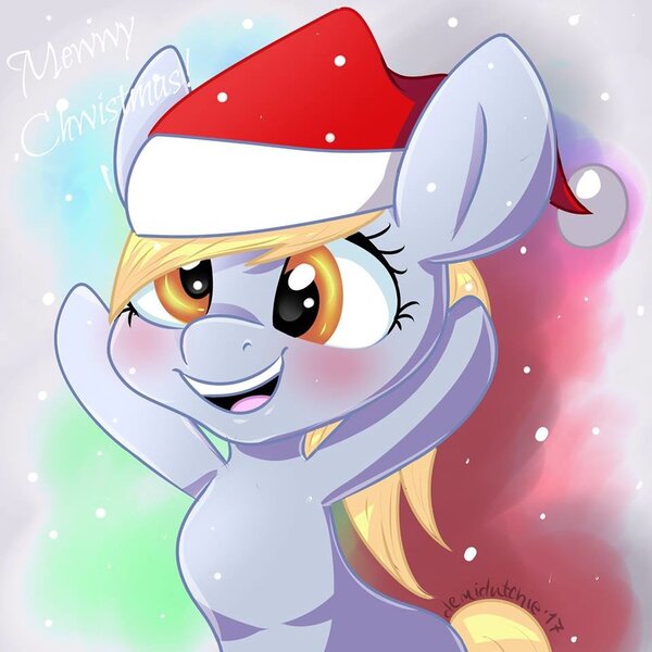 Size: 900x900 | Tagged: safe, artist:donutnerd, derpibooru import, derpy hooves, pegasus, pony, christmas, happy, hat, holiday, santa hat, smiling, snow, solo